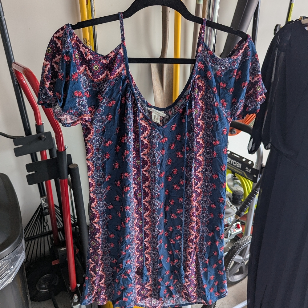 Belle Du Jour Navy And Pink Printed Dress- Size Medium